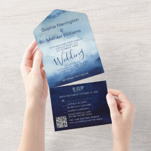 Coastal Blue Watercolor All in One Wedding Invite
