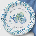 Coastal Blue Watercolor Octopus Boy Baby Shower Paper Plate<br><div class="desc">Cute personalized plates for your coastal themed backyard boy baby shower. This design features a coral border with a watercolor octopus and starfish in shades of blue. Personalize with the mama-to-be's name and shower date. To see the matching beach theme party decor visit www.zazzle.com/dotellabelle</div>