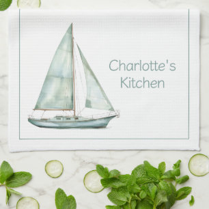 Coastal Blue Watercolor Sailboat Personalized Kitchen Towel