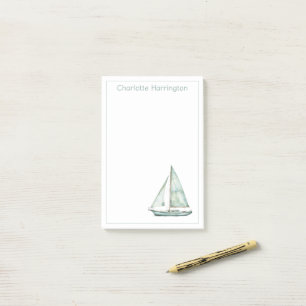 Coastal Blue Watercolor Sailboat Personalized Post-it Notes