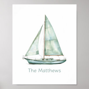 Coastal Blue Watercolor Sailboat Personalized Poster