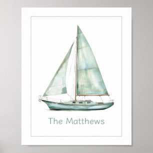 Coastal Blue Watercolor Sailboat Personalized Poster