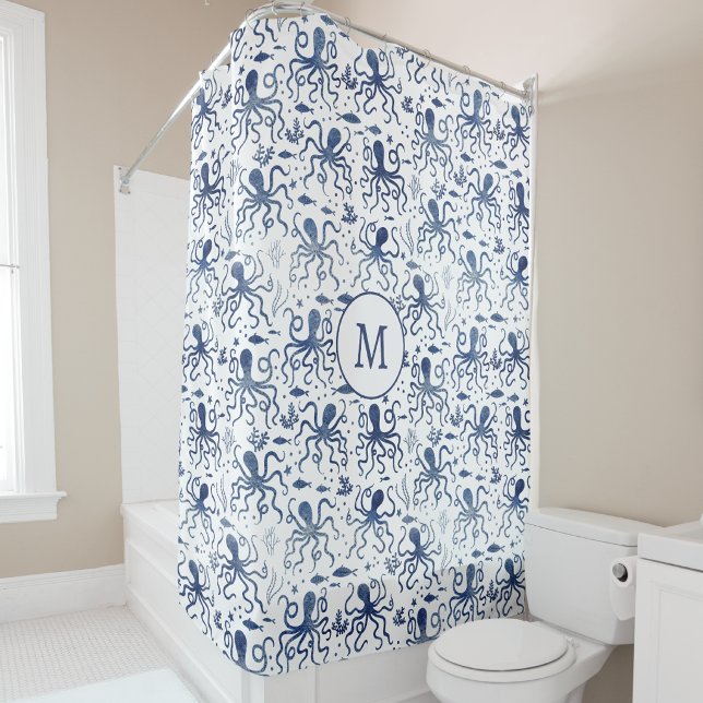 Coastal Blue Watercolor Undersea Octopus Monogram (Modern monogram initial personalized watercolor octopus nautical coastal blue white shower curtain)