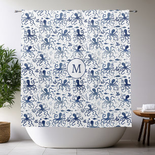 Coastal Blue Watercolor Undersea Octopus Monogram