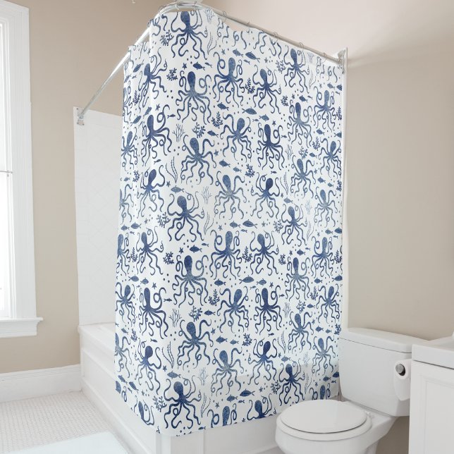 Coastal Blue Watercolor Undersea Octopus Pattern (Octopus watercolor blue and white coastal ocean themed shower curtain)