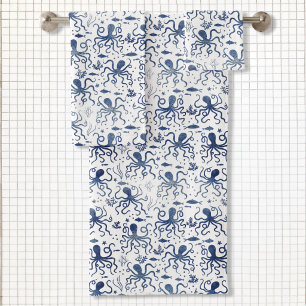 Coastal Blue Watercolor Undersea Octopus Pattern Bath Towel Set