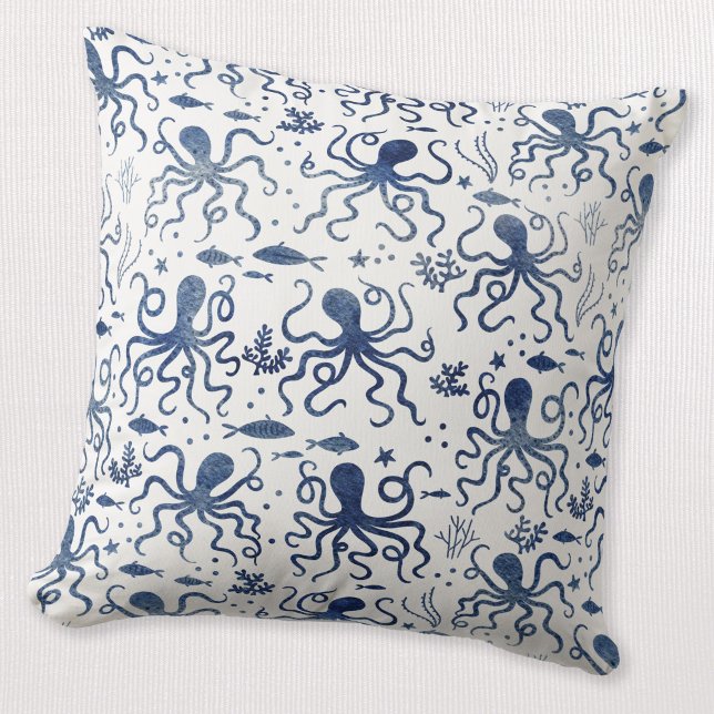 Coastal Blue Watercolor Undersea Octopus Pattern Throw Pillow (Modern watercolor pattern blue and white octopus coastal nautical themed throw pillow)