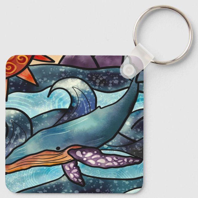 Coastal Blue Watercolor Whale  Keychain (Back)