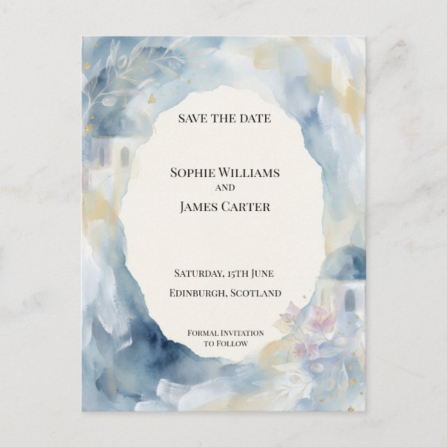 Coastal Blue Watercolour Save The Date Postcard (Front)