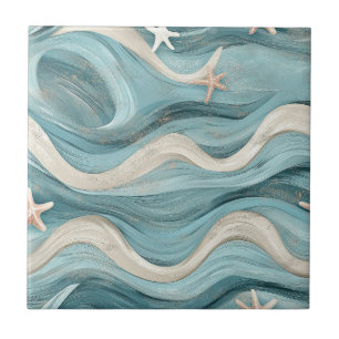 Coastal Blue Wave Cream Sand Starfish Tile