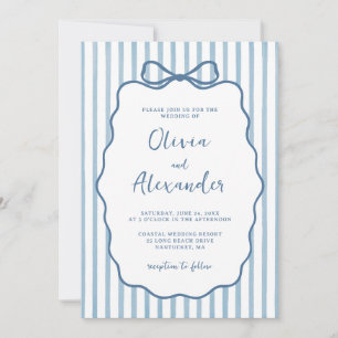 Coastal Blue Whimsical Stripe Bow Wedding Invitation