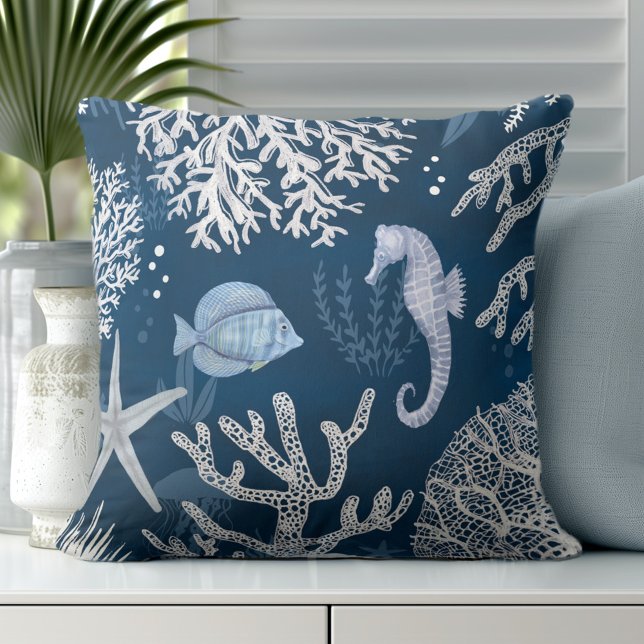 Coastal Blue White Coral Throw Pillow (Elevate Your Décor: Discover Gorgeous Coastal Throw Pillows by Totally Coast)