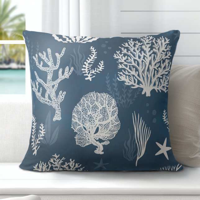 Coastal Blue White Coral Throw Pillow (Discover Gorgeous Coastal Throw Pillows by Totally Coast.)