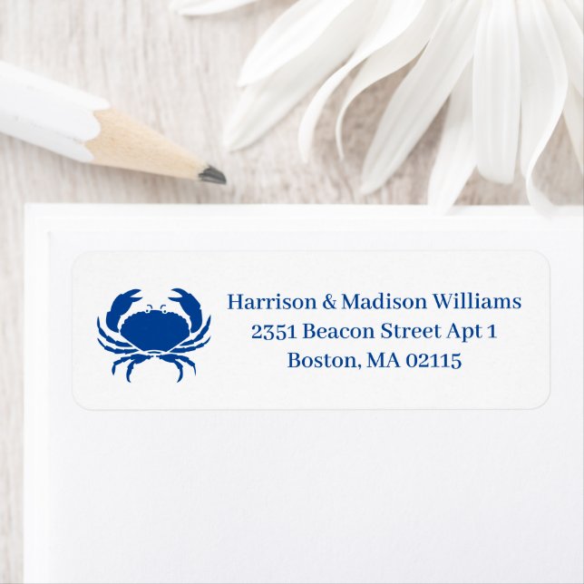 Coastal blue white crab custom fun Return Address (Insitu)