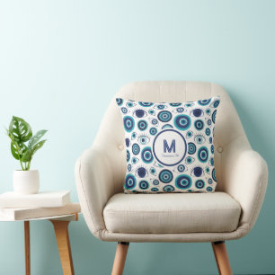 Coastal Blue White Greek Evil Eye Beach House Throw Pillow