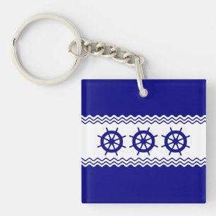 Coastal Blue White Helm Stripe Nautical Keychain
