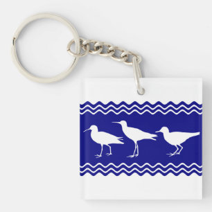 Coastal Blue White Sandpiper Birds Pattern Keychain