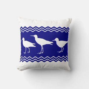Coastal Blue White Sandpiper Birds Pattern Throw Pillow