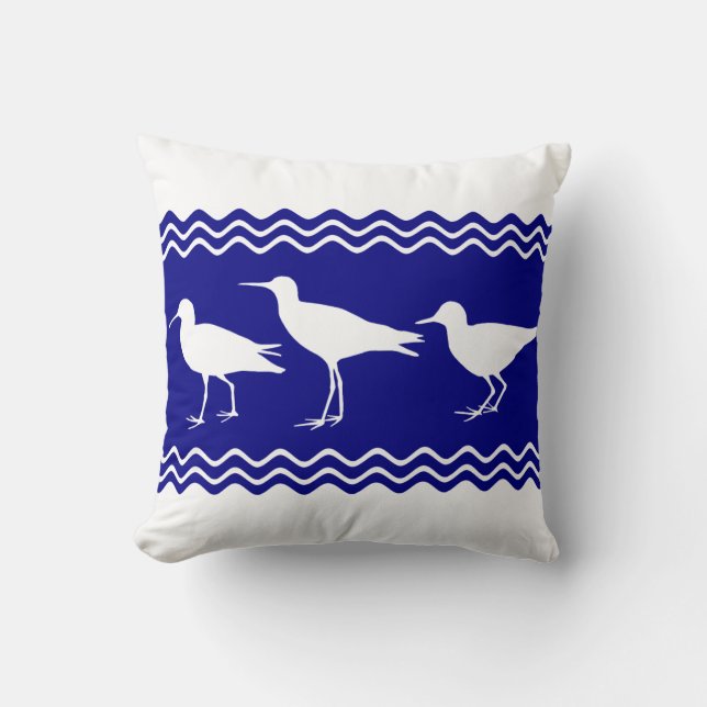 Coastal Blue White Sandpiper Birds Pattern Throw Pillow (Front)