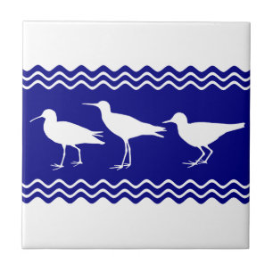 Coastal Blue White Sandpiper Birds Pattern Tile