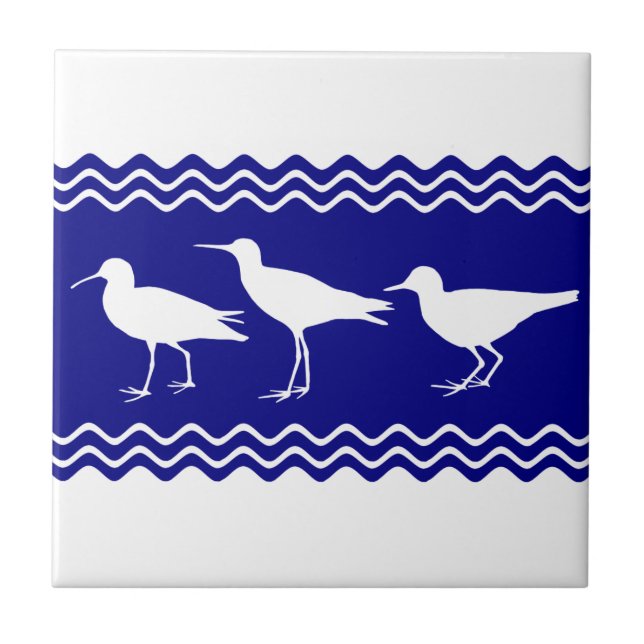 Coastal Blue White Sandpiper Birds Pattern Tile (Front)