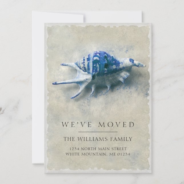 Coastal Blue White Seashell Sand Moving Announcement (Front)