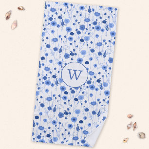 Coastal Blue Wildflower Meadow Botanical Monogram Beach Towel