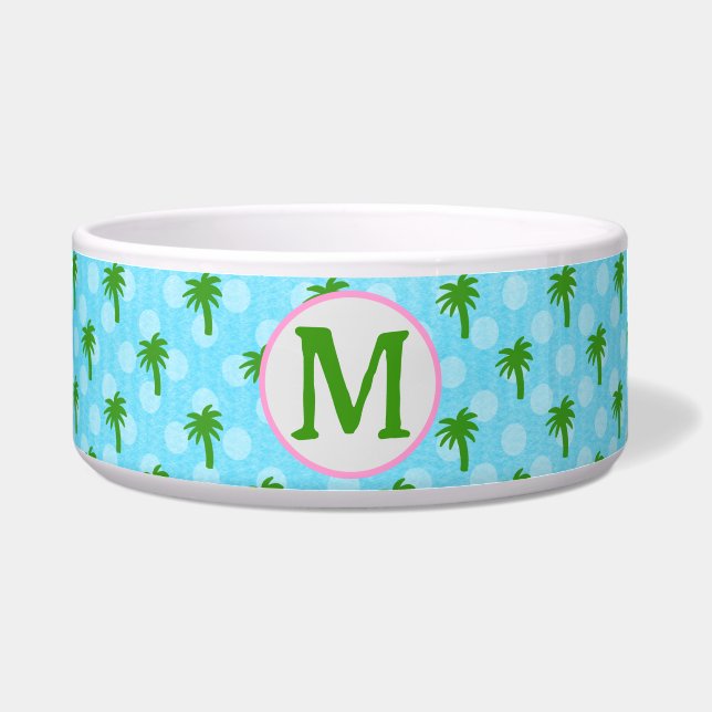 Coastal Blue with Green Palm Tree Ceramic Pet Bowl (Front)