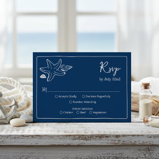 Coastal Blues Seashells & Script Wedding RSV RSVP Card