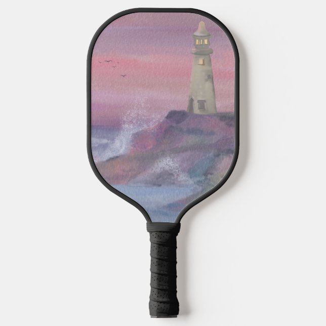 Coastal Bluff Lighthouse With Pink Sky Pickleball Paddle (Front)
