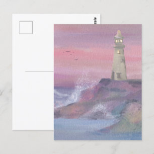 Coastal Bluff Lighthouse With Pink Sky Postcard