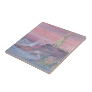Coastal Bluff Lighthouse With Pink Sky Tile