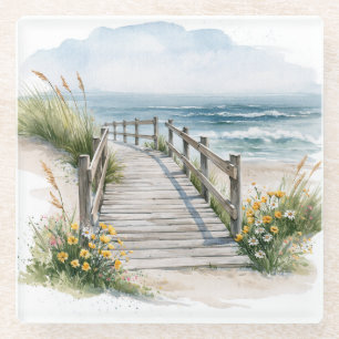 Coastal Boardwalk Watercolor Glass Coaster
