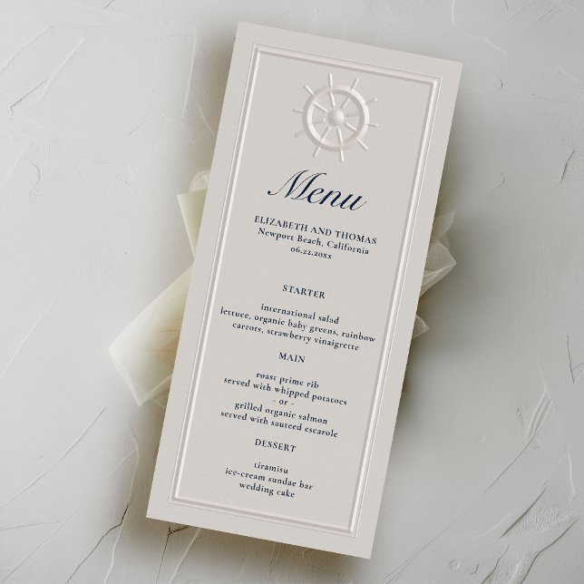 Coastal Boat Helm Faux Embossed Formal Wedding Menu (nautical wedding menu card faux embossed boat helm double frame modern classic navy ivory elegant)