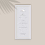 Coastal Boat Nautical Faux Embossed Formal Wedding Menu<br><div class="desc">Introduce your special day with this Faux Embossed Frame Boat Coastal Formal Wedding menu, a design that perfectly balances modern elegance with timeless charm. Featuring classic calligraphy for your names and elegant wedding typography, it offers a refined yet inviting look. A faux-embossed sailboat crest adds a subtle coastal touch, while...</div>