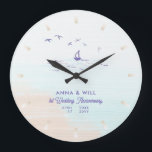 Coastal Boat Ocean Wave Modern Wedding Anniversary Large Clock<br><div class="desc">A modern, elegant, personalized wedding anniversary keepsake clock featuring a hand-painted background of ocean waves with a patch of beach sand, an ink print of a small boat with small waves and seagulls overhead, modern typography and the words "Wedding Anniversary" in elegant calligraphy. A nice custom wedding gift or wedding...</div>