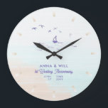 Coastal Boat Ocean Wave Modern Wedding Anniversary Large Clock<br><div class="desc">A modern, elegant, personalized wedding anniversary keepsake clock featuring a hand-painted background of ocean waves with a patch of beach sand, an ink print of a small boat with small waves and seagulls overhead, modern typography and the words "Wedding Anniversary" in elegant calligraphy. A nice custom wedding gift or wedding...</div>