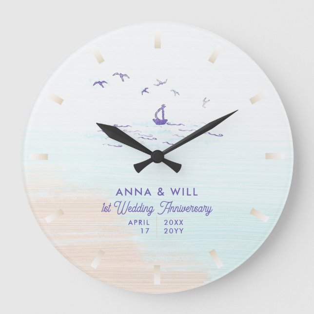 Coastal Boat Ocean Wave Modern Wedding Anniversary Large Clock (Front)