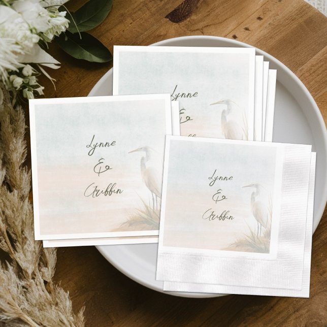 Coastal Boho Egret Wedding Personalized Napkin (Creator Uploaded)