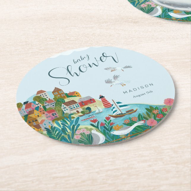 Coastal boy baby shower party round paper coaster (Angled)