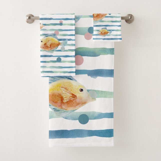 COASTAL BRIGHT WATERCOLOR TROPICAL FISH,  BEACH  BATH TOWEL SET (Insitu)