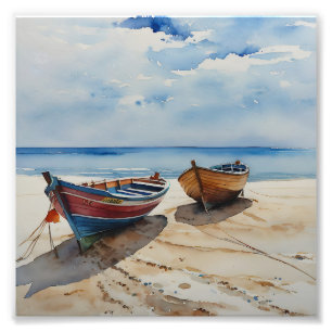 "Coastal Calm" A Restful Watercolour Boat Seascape Photo Print