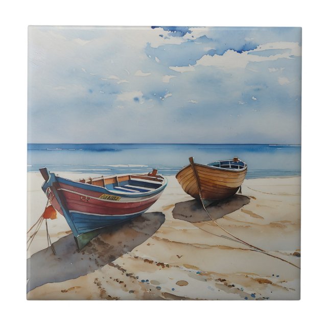 "Coastal Calm" A Restful Watercolour Boat Seascape Tile (Front)