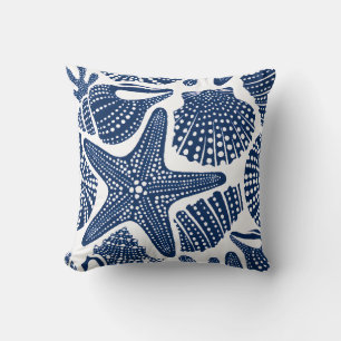 Coastal Calm – Blue Seashells and Starfish Pattern Throw Pillow