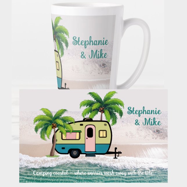 Coastal Camping Retro Trailer Personalized Latte Mug (Creator Uploaded)