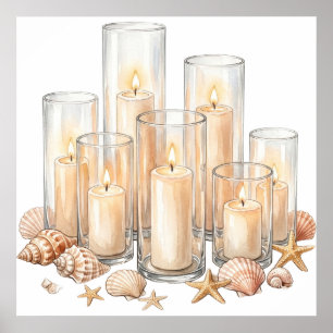 Coastal Candle Seashell Watercolor Poster