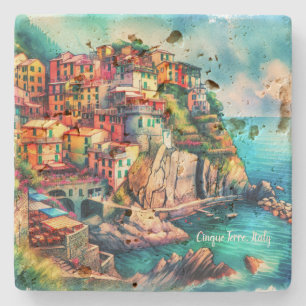 Coastal Charm Cinque Terre Italy Watercolor   Stone Coaster