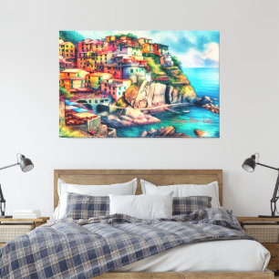 Coastal Charm Italy Cinque Terre Watercolor Canvas Print