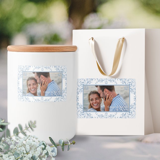 Coastal Chic Bleu & Blanc Photo Mariage Étiquettes (elegant blue and white coastal chic regency era theme classic simple wedding photo stickers for gift)