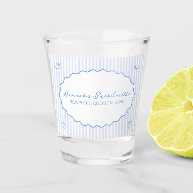 Coastal Chic Blue Bachelorette Seersucker Shell Shot Glass (Front)